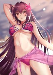 Rule 34 | 1girl, arm at side, arm up, armpits, bad id, bad twitter id, bikini, blurry, blurry background, breasts, cleavage, cowboy shot, depth of field, dutch angle, fate/grand order, fate (series), flower, hair flower, hair ornament, harimoji, large breasts, long hair, navel, outdoors, parted lips, pink bikini, purple eyes, purple hair, sarong, scathach (fate), scathach (fate/grand order), scathach (swimsuit assassin) (fate), sidelocks, solo, swimsuit, underboob, very long hair, wet