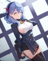 Rule 34 | 1girl, ahoge, ako (blue archive), arm behind back, bell, black dress, black hairband, black thighhighs, blue archive, blue eyes, blue gloves, blue hair, blush, breasts, clipboard, collar, cowbell, cuffs, dress, earrings, finger to mouth, framed breasts, garter straps, gloves, hairband, highres, holding, holding clipboard, index finger raised, jewelry, large breasts, long hair, looking at viewer, neck bell, no bra, ohihil, one side up, open clothes, open dress, parted lips, shackles, shirt, shushing, sideboob, skindentation, smile, solo, stud earrings, thighhighs, white shirt, zettai ryouiki