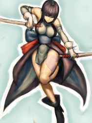 Rule 34 | 1girl, black hair, boots, breasts, dual wielding, fumio (rsqkr), gloves, heterochromia, holding, large breasts, samurai spirits, shiki (samurai spirits), short hair, snk, solo, sword, weapon