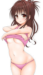 Rule 34 | 1girl, absurdres, blush, breasts, brown eyes, brown hair, clothes lift, hair bobbles, hair ornament, highres, lifted by self, long hair, looking at viewer, matching hair/eyes, navel, no bra, panties, pink panties, pink shirt, poa mellhen, shirt, simple background, small breasts, solo, standing, tank top, to love-ru, underboob, underwear, undressing, white background, yuuki mikan