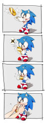 Rule 34 | 1boy, 4koma, biting, c hir0, chiro (pez777), coin, comic, finger in own mouth, furry, furry male, gloves, highres, male focus, sega, shoes, sneakers, socks, sonic (series), sonic the hedgehog, sonic the hedgehog (classic), sparkle, standing