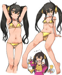 Rule 34 | 1boy, 1girl, armpits, arms up, bare arms, bare legs, barefoot, bikini, black hair, blush, breasts, clothes hanger, collarbone, commentary request, cropped legs, flying sweatdrops, full body, gluteal fold, gold bikini, groin, highres, holding, holding clothes hanger, idolmaster, idolmaster cinderella girls, invisible chair, jacket, lc butter, long hair, matoba risa, multiple views, navel, p-head producer, palms together, petite, pink jacket, producer (idolmaster), simple background, sitting, small breasts, smile, stomach, strap slip, string bikini, swimsuit, toes, twintails, very long hair, white background, yellow eyes