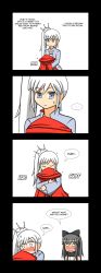 Rule 34 | 2girls, 4koma, blake belladonna, blush, caught, comic, english text, highres, long hair, looking at viewer, lunarisaileron, multiple girls, ruby rose, rwby, side ponytail, simple background, smelling, smelling clothes, tareme, weiss schnee, white background