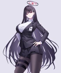 Rule 34 | 1girl, absurdres, black hair, black halo, black jacket, black pantyhose, black skirt, blue archive, breasts, grey background, hair ornament, hairclip, halo, hand on own hip, highres, jacket, large breasts, long hair, long sleeves, looking at viewer, pantyhose, purple background, red eyes, rio (blue archive), simple background, skirt, solo, standing, suyasuya (user tjnw5554), sweater, white sweater