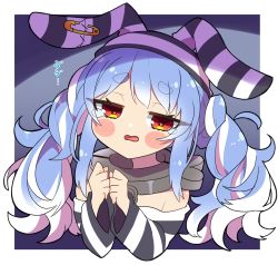 Rule 34 | 1girl, animal ears, blue hair, blush, blush stickers, breasts, chain, closed mouth, collar, commentary, crying, crying with eyes open, eyelashes, hair between eyes, hat, highres, hololive, light blue hair, long hair, looking at viewer, multicolored hair, off-shoulder shirt, off shoulder, official alternate costume, prison clothes, rabbit ears, red eyes, sakuramochi (sakura frappe), shirt, simple background, small breasts, solo, streaked hair, striped clothes, striped headwear, striped shirt, symbol-shaped pupils, tareme, tears, thick eyebrows, translated, twintails, two-tone hair, upper body, usada pekora, usada pekora (prisoner), virtual youtuber, white background, white hair