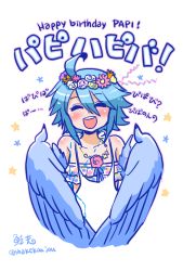 Rule 34 | 1girl, :d, ahoge, blue hair, blue wings, character name, closed eyes, feathered wings, happy birthday, harpy, head wreath, monster girl, monster musume no iru nichijou, open mouth, papi (monster musume), shake-o, smile, solo, translated, twitter username, winged arms, wings