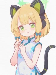 Rule 34 | 1girl, absurdres, alternate costume, animal ear headphones, animal ears, blonde hair, blue archive, blush, cat tail, china dress, chinese clothes, commentary, dress, english commentary, fake animal ears, flat chest, green eyes, green halo, halo, headphones, highres, lk149, looking at viewer, midori (blue archive), open mouth, short hair, simple background, smile, solo, tail, upper body, white background, white dress