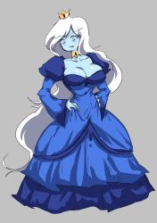Rule 34 | 1girl, absurdres, adventure time, blue skin, breasts, cleavage, colored skin, crown, dress, facing viewer, full body, grey background, highres, ice queen (adventure time), long hair, looking at viewer, simple background, solo, standing, white hair