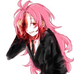 Rule 34 | 1boy, 7565948183, absurdres, black jacket, black necktie, blood, blood in hair, blood on clothes, blood on face, blood on hands, chinese commentary, collared shirt, commentary request, hatsutori hajime, highres, jacket, long hair, male focus, missing eye, necktie, pink hair, red eyes, saibou shinkyoku, shirt, simple background, sketch, smile, solo, suit jacket, upper body, white background, white shirt