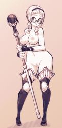 Rule 34 | 1girl, :d, bad id, bad pixiv id, boots, braid, breasts, cleft of venus, female pubic hair, fingerless gloves, gloves, hairband, highres, holding, holding scepter, lamb-oic029, looking at viewer, low twintails, medium breasts, monochrome, navel, nipples, open mouth, original, pubic hair, scepter, semi-rimless eyewear, sepia, smile, solo, standing, thigh boots, thighhighs, twin braids, twintails, under-rim eyewear