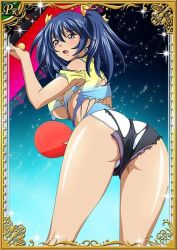 Rule 34 | 00s, 1girl, ass, bare legs, bashoku youjou, blue hair, breasts, card (medium), cleavage, curvy, female focus, hair ornament, ikkitousen, large breasts, looking at viewer, looking back, navel, panties, purple eyes, short shorts, short twintails, shorts, solo, twintails, underwear