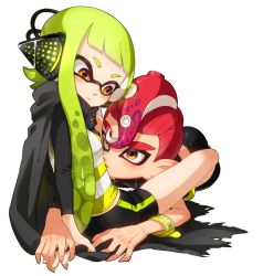 Rule 34 | 1boy, 1girl, agent 3 (splatoon), agent 8 (splatoon), bike shorts, cape, cuddling, frown, full body, inkling, inkling girl, inkling player character, interlocked fingers, long hair, mohawk, nintendo, octoling, octoling boy, octoling player character, shirt, simple background, sitting, splatoon (series), splatoon 2, splatoon 2: octo expansion, suction cups, torn cape, torn clothes, white background, yeneny