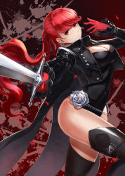 Rule 34 | 1girl, black jacket, black leotard, black ribbon, black thighhighs, breasts, chain, cleavage, floating hair, flower, from side, gloves, hair ribbon, highres, holding, holding sword, holding weapon, jacket, jojobirdz, large breasts, leotard, long hair, long sleeves, looking at viewer, open clothes, open jacket, parted lips, persona, persona 5, persona 5 the royal, ponytail, red eyes, red gloves, red hair, ribbon, rose, shiny skin, solo, standing, sword, thighhighs, very long hair, weapon, white flower, white rose, yoshizawa kasumi