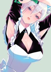 Rule 34 | 1girl, armpits, black eyes, breasts, center opening, cleavage, collar, commentary request, detached sleeves, dress, dutch angle, earrings, frills, green background, grey hair, hair between eyes, idolmaster, idolmaster cinderella girls, jewelry, lipps (idolmaster), maid, maid headdress, medium breasts, necklace, pink lips, poniponi, shiomi syuko, short hair, white dress