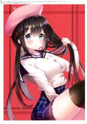 Rule 34 | 1girl, absurdres, ayamy, beret, black hair, black thighhighs, blue eyes, blue skirt, blush, bow, breasts, earrings, hair ornament, hand up, hat, highres, jewelry, long sleeves, looking at viewer, medium breasts, miyawaki sana, original, parted lips, plaid, plaid skirt, red background, ribbon trim, sailor collar, scan, school uniform, shiny clothes, simple background, sitting, skirt, solo, thighhighs, zettai ryouiki