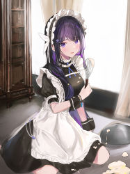 Rule 34 | 1girl, absurdres, alternate costume, apron, blush, commission, curtains, dana (hapong07), enmaided, frilled apron, frills, hair ornament, highres, indoors, kneeling, long hair, looking at viewer, maid, maid apron, maid headdress, miki (virtuareal), nijisanji, pixiv commission, purple eyes, purple hair, solo, virtual youtuber, virtuareal
