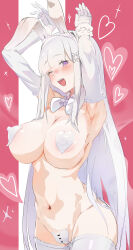 1girl absurdres areola_slip armpits arms_up bar_censor bow bowtie breasts censored collar cowboy_shot detached_collar elbow_gloves emilia_(re:zero) female_pubic_hair gloves groin heart heart_pasties highres large_breasts long_hair looking_at_viewer maebari meme_attire mochi-jun navel one_eye_closed open_mouth pasties pubic_hair purple_eyes re:zero_kara_hajimeru_isekai_seikatsu reverse_bunnysuit reverse_outfit solo straight_hair thighhighs traditional_bowtie very_long_hair white_bow white_bowtie white_collar white_gloves white_hair white_thighhighs