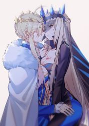Rule 34 | 2girls, ahoge, artoria pendragon (fate), artoria pendragon (lancer) (fate), asymmetrical docking, black dress, blonde hair, blue eyes, braid, breast press, breasts, cape, center opening, chain, chest tattoo, cleavage, cowboy shot, crown, cuffs, dress, fate/apocrypha, fate/grand order, fate (series), from side, fur cape, hidden eyes, imminent kiss, incest, large breasts, long hair, medium breasts, midriff, morgan le fay (fate), multiple girls, shackles, siblings, sidelocks, sisters, swept bangs, tattoo, veil, very long hair, white background, yorukun, yuri