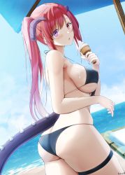 Rule 34 | 1girl, ass, bare arms, bare shoulders, beach, bikini, black bikini, breasts, covered erect nipples, cowboy shot, day, dragon girl, dragon horns, dragon tail, dutch angle, food, from side, halterneck, heterochromia, highres, holding, holding food, horns, ice cream, keenh, large breasts, long hair, looking at viewer, ocean, original, outdoors, parted lips, ponytail, purple eyes, red eyes, red hair, sidelocks, skindentation, solo, standing, strap gap, string bikini, swimsuit, tail, thigh strap, thighs, water, wet