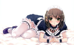 Rule 34 | 1girl, :o, abhar, absurdres, apron, bed, blush, breasts, brown hair, cleavage, cleavage cutout, clothing cutout, detached collar, downblouse, dress, embarrassed, frilled thighhighs, frills, hair ornament, hairclip, highres, legs, looking at viewer, lying, maid, maid apron, maid headdress, misaki kurehito, official art, on side, open mouth, own hands clasped, own hands together, panties, pantyshot, ribbon, sash, scan, shoes, short dress, short hair, solo, suiheisen made nan mile?, surprised, thighhighs, tsuyazaki kokage, underwear, white panties, white thighhighs, wrist cuffs, yellow eyes