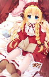 Rule 34 | 1girl, bed sheet, blue eyes, blush, book, breasts, checkerboard cookie, closed mouth, commentary request, cookie, cup, curtains, dress, food, frilled pillow, frills, fujikura ryuune, hair between eyes, highres, holding, holding cup, lolita fashion, long sleeves, looking at viewer, open book, original, pantyhose, pigeon-toed, pillow, plate, red dress, red footwear, red ribbon, ribbon, sitting, small breasts, smile, solo, tea, teacup, white pantyhose
