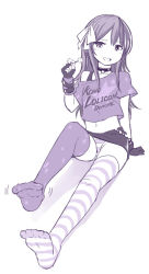 Rule 34 | 1girl, :d, asymmetrical legwear, clothes writing, feet, fingerless gloves, full body, gloves, hair ribbon, hairband, kono lolicon domome, long hair, looking at viewer, mismatched legwear, monochrome, no shoes, off-shoulder shirt, off shoulder, open mouth, panties, ribbon, romaji text, shirt, simple background, smile, smirk, solo, striped clothes, striped panties, striped thighhighs, thighhighs, toes, underwear, white background, zaxwu