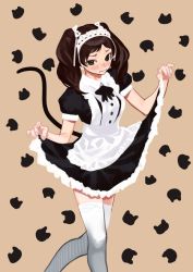 Rule 34 | 1girl, animal print, apron, black bow, black hair, black neckwear, blush, bow, brown background, brown eyes, brown hair, bukimi isan, cat print, clothes lift, commentary request, copyright request, dress, dress lift, embarrassed, feet out of frame, frills, hair ribbon, looking at viewer, maid, maid headdress, nose blush, puffy short sleeves, puffy sleeves, ribbon, short sleeves, simple background, skirt, solo, tail, thighhighs, twintails, white apron, white ribbon, white thighhighs, zettai ryouiki