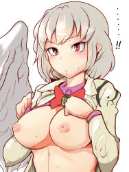 Rule 34 | !, !!, ..., 1girl, beige jacket, bow, bowtie, breasts, breasts out, brooch, commentary request, feathered wings, hekiga (freelot), highres, jacket, jewelry, kishin sagume, large breasts, lifting own clothes, nipples, open clothes, open jacket, red bow, red bowtie, red eyes, short hair, silver hair, simple background, single wing, solo, touhou, upper body, white background, white wings, wings