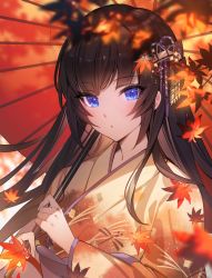 Rule 34 | 1girl, autumn, autumn leaves, black hair, blue eyes, blunt bangs, blush, brown hair, character request, commentary request, falling leaves, floating hair, hair ornament, highres, hime cut, holding, holding umbrella, huion, japanese clothes, kanzashi, kimono, leaf, looking at viewer, long hair, looking at viewer, maple leaf, noir eku, obi, obiage, oil-paper umbrella, original, red umbrella, sash, sidelocks, solo, umbrella, upper body, very long hair, wide sleeves