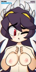 Rule 34 | 1girl, 2021, :o, animated, animated gif, artist name, blush, bouncing breasts, breasts, chromatic aberration, diives, filia (skullgirls), hair between eyes, hair ornament, hands on own chest, highres, nipples, nude, one eye closed, open mouth, red eyes, samson (skullgirls), simple background, skullgirls, slit pupils, solo, upper body