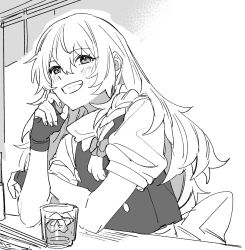 Rule 34 | 1girl, alcohol, blush, braid, cup, elbow on table, fang, fingerless gloves, glass, gloves, greyscale, hair between eyes, hand on own face, highres, ice, indoors, kirisame marisa, long hair, looking at viewer, mero (starfish jcs), monochrome, open mouth, parted lips, puffy short sleeves, puffy sleeves, shirt, short sleeves, side braid, sidelocks, single braid, skirt, solo, teeth, touhou, vest, whiskey