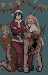 Rule 34 | 1girl, 1other, 2 mannaka, 2boys, animal costume, antlers, belt, black hair, blonde hair, blue background, blush, chainsaw man, crossed arms, denji (chainsaw man), fang, fangs, future devil (chainsaw man), hair between eyes, hair ornament, hairpin, hat, hayakawa aki, highres, horns, kneeling, long hair, long sleeves, monster, multiple boys, open mouth, orange eyes, pink hair, power (chainsaw man), red nose, reindeer antlers, reindeer costume, santa costume, santa hat, sharp teeth, short hair, grey eyes, sitting, sitting on person, sleeves past elbows, smile, star (symbol), teeth, tongue, tongue out, twintails, yellow eyes