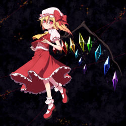 Rule 34 | 1girl, ascot, bad id, bad pixiv id, black background, blonde hair, blush, chika (orange pop), female focus, flandre scarlet, full body, hat, hat ribbon, highres, mary janes, open mouth, red eyes, ribbon, shoes, side ponytail, solo, standing, touhou, wings