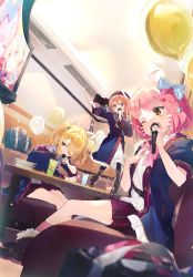 Rule 34 | + +, 3girls, absurdres, ahoge, aida (chinhung0612), bag, balloon, blonde hair, blue bow, blue eyes, blue jacket, bow, bowtie, chieru (princess connect!), chloe (princess connect!), cup, drawn ears, drawn whiskers, drinking glass, drinking straw, elf, hair bow, hat, highres, holding, holding microphone, hood, hooded coat, indoors, jacket, karaoke, long sleeves, microphone, multiple girls, music, notice lines, on table, one eye closed, open clothes, open jacket, open mouth, pink bow, pink bowtie, pink hair, plaid, plaid skirt, plate, pointy ears, princess connect!, purple eyes, red sky, shirt, shoes, singing, sitting, skirt, sky, socks, standing, table, twintails, white shirt, yellow eyes, yuni (princess connect!)