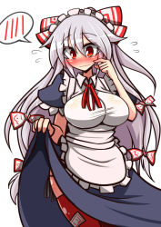 Rule 34 | 1girl, alternate costume, apron, ass, blue dress, blush, bow, breasts, clothes lift, dress, dress lift, embarrassed, enmaided, finger to cheek, flying sweatdrops, fujiwara no mokou, hair bow, large breasts, light purple hair, long hair, maid, maid apron, maid headdress, panties, red eyes, ribbon, rindou (p41neko), side-tie panties, simple background, solo, spoken blush, string panties, sweatdrop, thighhighs, touhou, underwear, very long hair, wavy mouth, white background