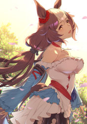 Rule 34 | 1girl, animal ears, bare shoulders, blue sleeves, blush, breasts, brown hair, choker, cleavage, commentary, ear scrunchie, highres, horse ears, horse girl, horse tail, large breasts, long hair, long sleeves, looking at viewer, low twintails, multicolored hair, open mouth, red choker, red scrunchie, scrunchie, skirt, solo, streaked hair, sugarbeat, symbol-only commentary, tail, twintails, umamusume, white hair, white skirt, yamanin zephyr (umamusume), yellow eyes