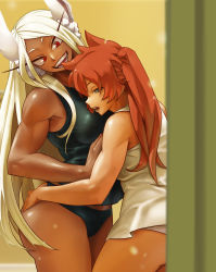 Rule 34 | 2girls, animal ears, bare arms, black panties, black tank top, blue eyes, boku no hero academia, commentary, cowboy shot, dark-skinned female, dark skin, greatodoggo, grin, hand on another&#039;s ass, hand on another&#039;s chest, highres, indoors, kendou itsuka, long hair, mirko, multiple girls, no pants, open mouth, orange hair, panties, ponytail, rabbit ears, red eyes, smile, tank top, toned, twitter username, underwear, white hair, white panties, white tank top, yuri