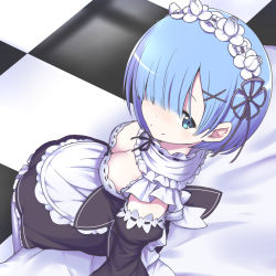 Rule 34 | 10s, 1girl, apron, bad id, bad pixiv id, black dress, blue eyes, blue hair, blush, breasts, cleavage, commentary request, detached sleeves, dress, frills, from above, hair ornament, hair over one eye, highres, looking at viewer, looking up, maid, maid apron, maid headdress, matching hair/eyes, pantyhose, re:zero kara hajimeru isekai seikatsu, rem (re:zero), ribbon, short hair, sitting, smile, solo, takeda yukimura, thighhighs, white thighhighs, x hair ornament