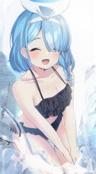 Rule 34 | :d, arona (blue archive), bare arms, bare shoulders, bikini, black bikini, blue archive, blue hair, blunt bangs, blush, bow, bow bikini, bow hairband, braid, breasts, cleavage, closed eyes, collarbone, feet out of frame, frilled bikini, frills, hair over one eye, hairband, highres, medium hair, multicolored hair, no.054 (adar5857), open mouth, parted bangs, small breasts, smile, sunlight, swimsuit, thigh gap, water, wet, white hairband