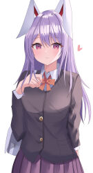Rule 34 | 1girl, absurdres, animal ears, aohane, black jacket, blazer, blush, buttons, closed mouth, collared shirt, hair between eyes, heart, highres, jacket, light purple hair, long hair, long sleeves, looking at viewer, pink skirt, pleated skirt, rabbit ears, red eyes, reisen udongein inaba, shirt, simple background, skirt, smile, solo, touhou, upper body, white background, white shirt