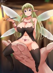 Rule 34 | 1girl, aloe (ishuzoku reviewers), arm tattoo, bare shoulders, black thighhighs, breasts, chest tattoo, cleavage, clenched teeth, collarbone, crossed bangs, fairy, fairy wings, green hair, hair between eyes, hand up, highres, ishuzoku reviewers, large breasts, long hair, male hand, mini person, minigirl, moruta (sunu-pio), nail polish, navel, pointy ears, pubic tattoo, purple eyes, pussy juice, sitting, smile, solo focus, stomach tattoo, tattoo, teeth, thighhighs, wings