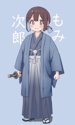 Rule 34 | 1girl, blue background, blue hair, blush, brown eyes, brown hair, character name, chinese commentary, clenched hands, colored inner hair, commentary request, full body, hakama, haori, haori himo, highres, holding, holding sheath, hozuki momiji, japanese clothes, katana, kimono, long sleeves, looking at viewer, multicolored hair, onii-chan wa oshimai!, parted lips, partial commentary, sfm zhang, sheath, sheathed, short hair, short ponytail, simple background, smile, solo, sword, tabi, two-tone hair, weapon
