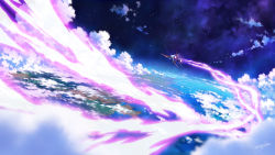 Rule 34 | aircraft, airship, cloud, commentary, den dengaku, flying, highres, night, night sky, no humans, ocean, scenery, signature, sky, star (sky), wild arms, wild arms 3