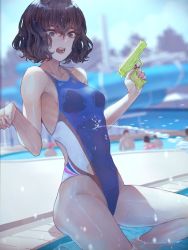 Rule 34 | 1girl, black eyes, black hair, blue one-piece swimsuit, breasts, competition swimsuit, highres, holding, holding water gun, kaoming, nanjou ao, navel, one-piece swimsuit, open mouth, original, poolside, see-through, short hair, sitting, solo focus, swimsuit, teeth, water, water gun