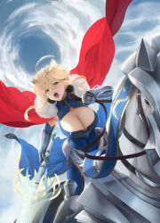 Rule 34 | 1girl, absurdres, ahoge, armored boots, artoria pendragon (fate), artoria pendragon (lancer) (fate), bare shoulders, blonde hair, blue gloves, blue leotard, blue sky, blue thighhighs, boots, braid, breasts, cape, cleavage, cleavage cutout, clothing cutout, crown, dun stallion (fate), elbow gloves, fate/grand order, fate (series), french braid, fur-trimmed cape, fur trim, gloves, green eyes, hair between eyes, highleg, highleg leotard, highres, horse, lance, large breasts, leotard, long hair, looking at viewer, open mouth, polearm, red cape, sidelocks, sky, solo, thighhighs, weapon, yamaneko (tkdrumsco)