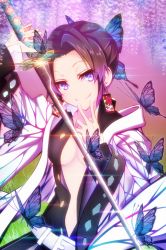 Rule 34 | 1girl, black hair, black jacket, breasts, bug, butterfly, butterfly hair ornament, cleavage, closed mouth, collarbone, flower, furisode (pixilvina), gradient hair, hair intakes, hair ornament, haori, holding, holding sword, holding weapon, bug, jacket, japanese clothes, katana, kimetsu no yaiba, kochou shinobu, long sleeves, looking at viewer, medium breasts, multicolored hair, open clothes, open jacket, purple eyes, purple hair, short hair, smile, solo, sword, upper body, weapon, wisteria