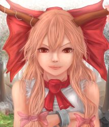 Rule 34 | 1girl, bad id, bad pixiv id, blurry, bow, chaki (emeraldia), cherry blossoms, crossed arms, cuffs, depth of field, eyelashes, female focus, forest, grass, hair bow, horn ornament, horn ribbon, horns, ibuki suika, light smile, lips, long hair, looking at viewer, momose chiaki, nature, nose, realistic, red eyes, red hair, ribbon, rock, shackles, shirt, sidelocks, sleeveless, sleeveless shirt, slit pupils, solo, touhou, upper body