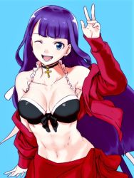Rule 34 | ;d, abs, aoba (smartbeat), armpits, bare shoulders, bikini, bikini top only, black bikini, black ribbon, blue background, blue eyes, blunt bangs, blush, breasts, choker, cleavage, collarbone, cross, cross choker, earrings, fate/grand order, fate (series), front-tie bikini top, front-tie top, jacket, jewelry, long hair, long sleeves, looking at viewer, martha (fate), martha (swimsuit ruler) (fate), martha (swimsuit ruler) (second ascension) (fate), medium breasts, navel, off shoulder, one eye closed, open clothes, open jacket, open mouth, purple hair, red jacket, red ribbon, ribbon, sarong, simple background, smile, solo, straight hair, swimsuit, toned, upper body, very long hair