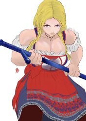 Rule 34 | 1girl, baton (weapon), blonde hair, blue eyes, braid, braided ponytail, breasts, capcom, cleavage, dress, final fight 3, freckles, highres, hiroshi mono, jewelry, large breasts, lucia morgan, necklace, street fighter, tonfa, weapon