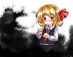 Rule 34 | 1girl, blonde hair, darkness, fang, fang out, gradient background, hair ribbon, mousoumousoumousou, ribbon, rumia, shirt, short hair, skirt, smile, solo, touhou, vest